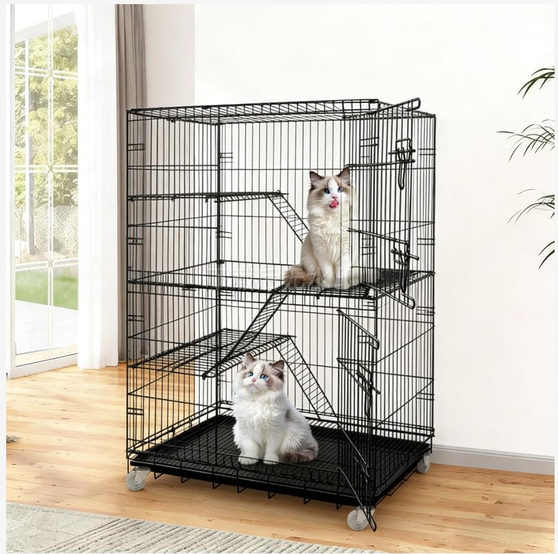 Cat Cage Large 4-Tier Indoor Cat Enclosure with Removable Tray & 2 Ladders, Foldable Metal Wire Cat Playpen with 360° Wheels, for 1-2 Cats & Small Pets, 35.4" L × 22.4" W × 49.2" H (Black
