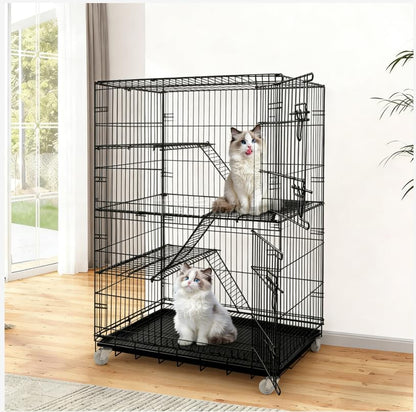 Cat Cage Large 4-Tier Indoor Cat Enclosure with Removable Tray & 2 Ladders, Foldable Metal Wire Cat Playpen with 360° Wheels, for 1-2 Cats & Small Pets, 35.4" L × 22.4" W × 49.2" H (Black