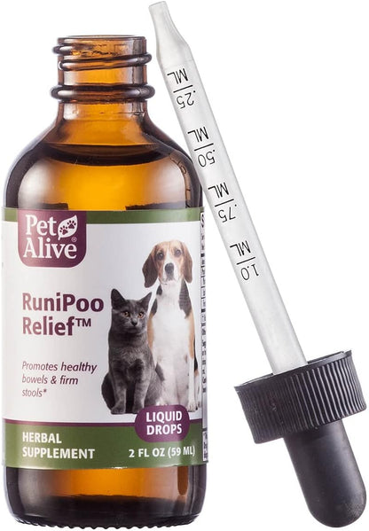 PetAlive RuniPoo Relief - All Natural Herbal Supplement Promotes Health Bowels and Firm Stools in Cats and Dogs - Relieves Common Symptoms of Pet Diarrhea - 59 mL