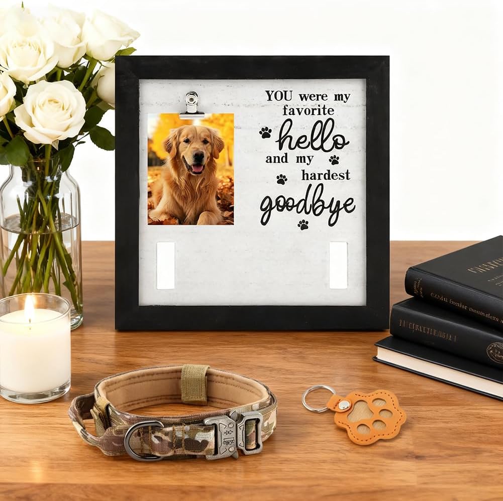 Pet Memorial Picture Frame with Collar Display Holder, Hair Collector Keychain, Remembrance Keepsake Frame for Dogs and Cats, Sympathy Gift for Pet Lovers