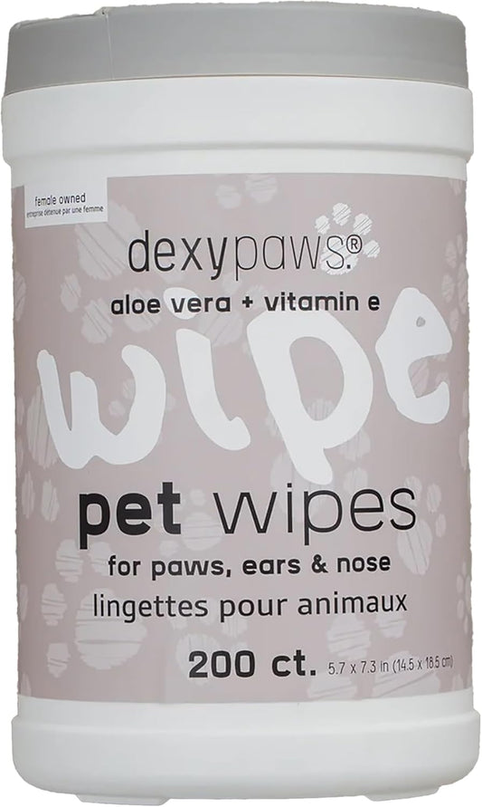 Pet Cleansing Wipes Canister - Aloe Vera & Vitamin E - 200ct - Gentle Wet Wipes for Dogs & Cats, Fur-Paws-Face, Natural Pet Safe Grooming
