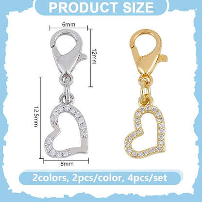 4pcs Heart Collar Pendants for Cat Dog Valentine Charms Brass Rhinestone Pet Collar Pendants Clip-on Charms for Bag Decor Keychain Pet Necklace Jewelry Making Training Home Decor