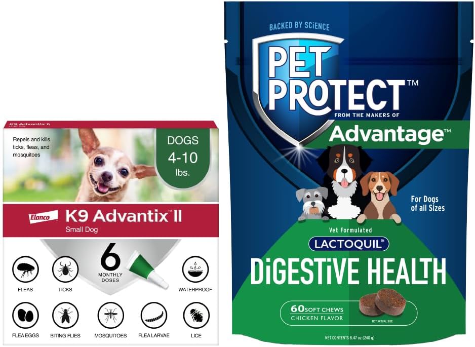 Bundle of K9 Advantix II Small Dog| Dogs 4-10 lbs. | 6-Mo Supply + Pet Protect Dog Digestive Health Supplement | 60 Chews