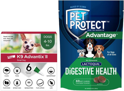 Bundle of K9 Advantix II Small Dog| Dogs 4-10 lbs. | 6-Mo Supply + Pet Protect Dog Digestive Health Supplement | 60 Chews