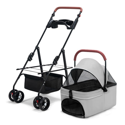 Pet Stroller-Folding 4 Wheels Cat/Dog Stroller for Medium Small Pets with Storage Basket and Cup Holder Suitable for Going Out and Traveling (Grey)
