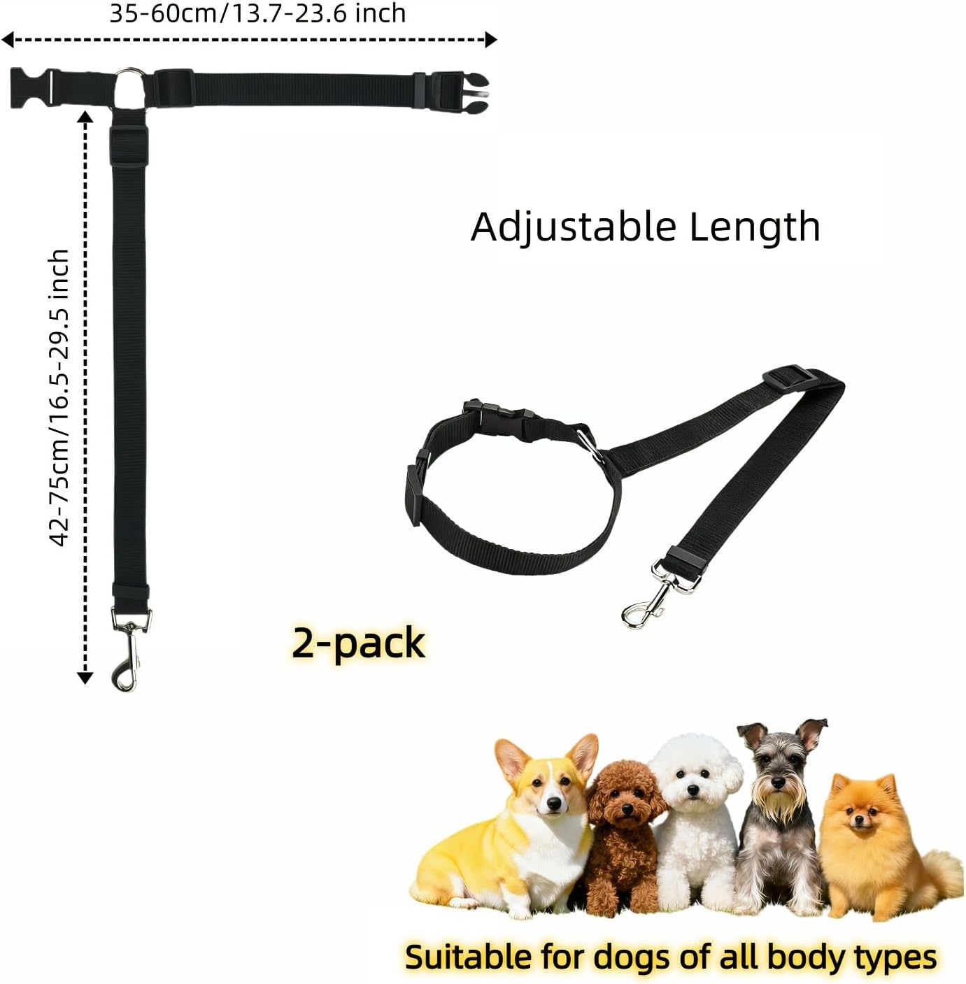 2-in-1 Car Seat Belt for Dogs, Headrest Dog Safety Harness & Leash - Adjustable Nylon Vehicle Pet Restraint, Tangle-Free Travel Solution for Small to Medium Dogs, 2-Pack