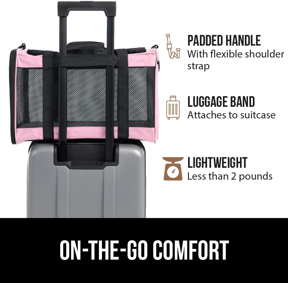 GORILLA GRIP Cat Carrier Travel Bag Up to 15 Lbs, Soft Collapsible Small Dog Carriers, Top and Side Entry Breathable Mesh, Grip Feet on Underside, Cozy Washable Waterproof Pad, Portable Kennel, Pink