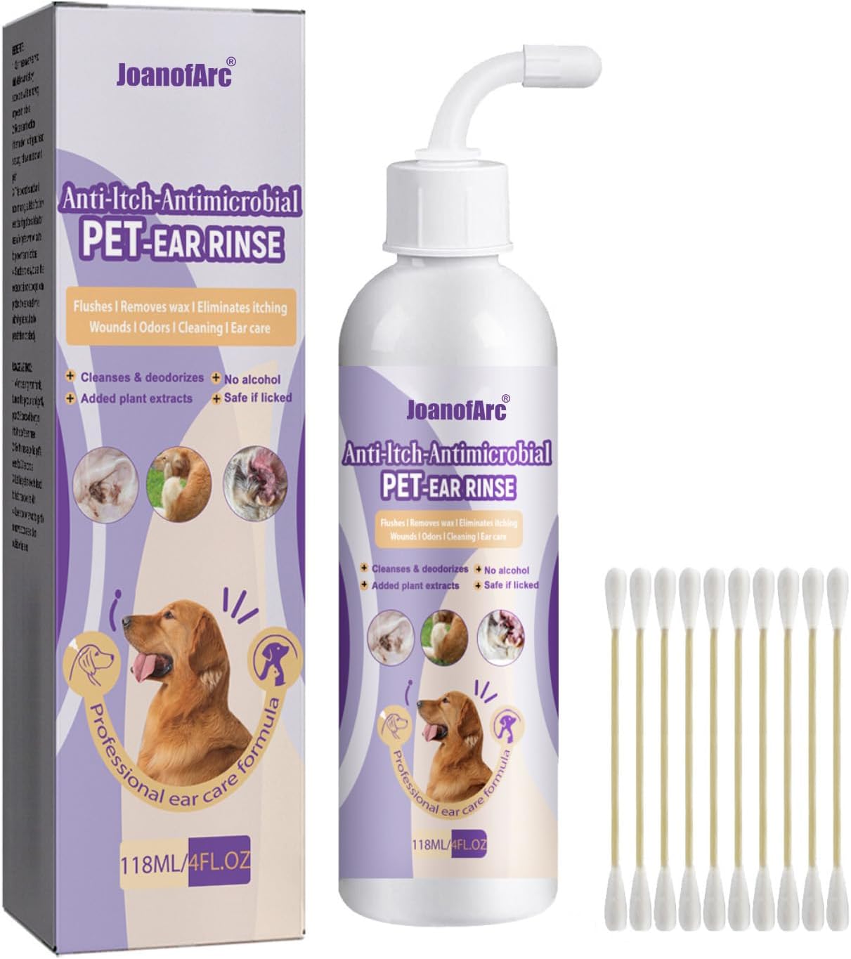 JoanofArc Dog Ear Cleaner, Dog and Cat Ear Cleaner, Dirt and Debris Pet Ear Cleaner Solution, Dog Ear Care Liquid, Gently Remove Wax, Reduce Odors, Soothe Itchy, 4 Fl oz