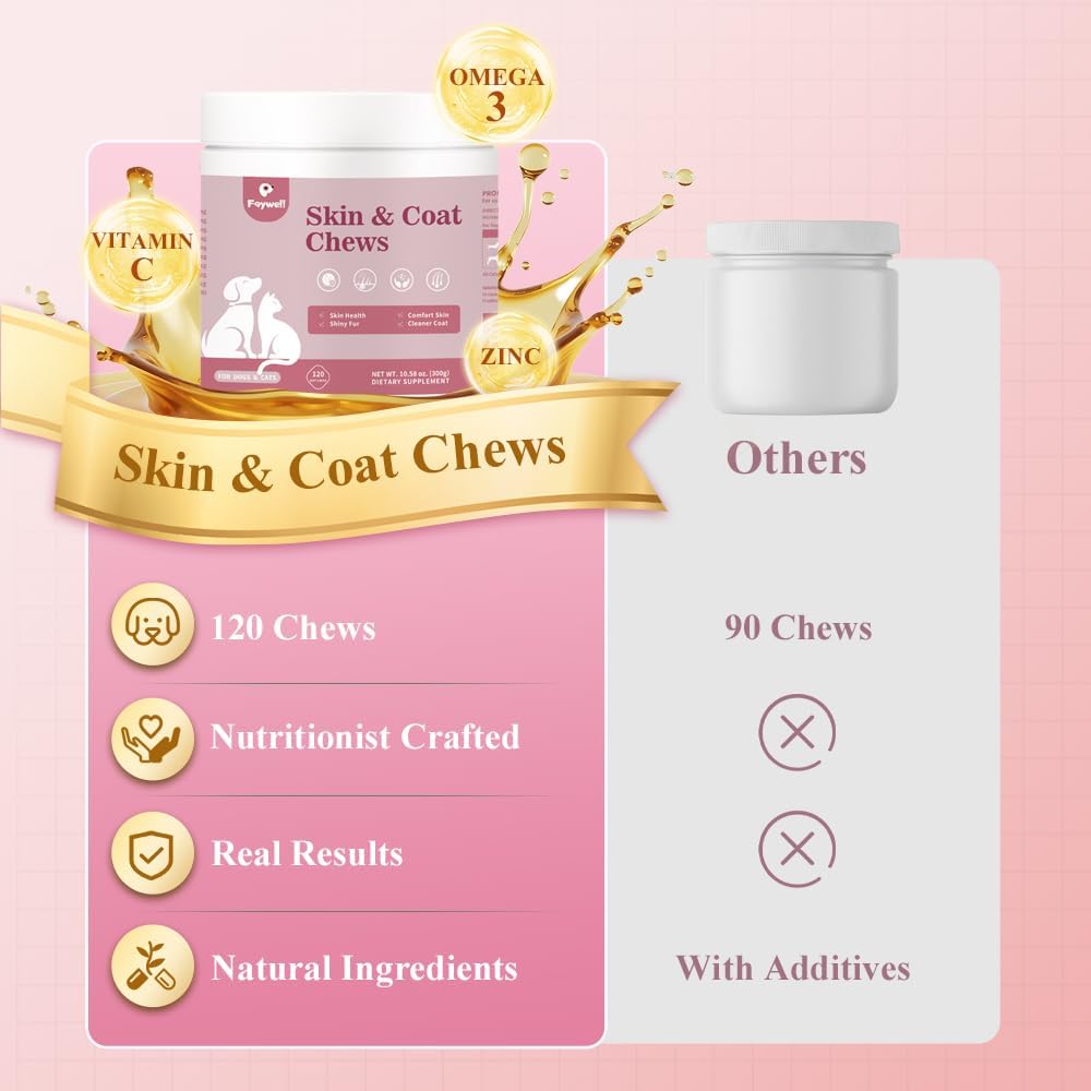Skin & Coat Chews Supplement for Dogs & Cats, Omega & Salmon Oil Support Skin Health & Shiny Fur, 120ct/300g