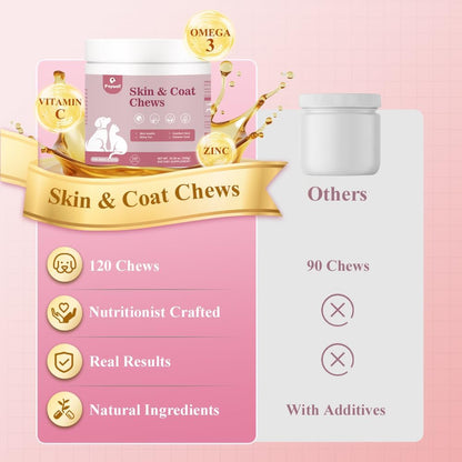 Skin & Coat Chews Supplement for Dogs & Cats, Omega & Salmon Oil Support Skin Health & Shiny Fur, 120ct/300g