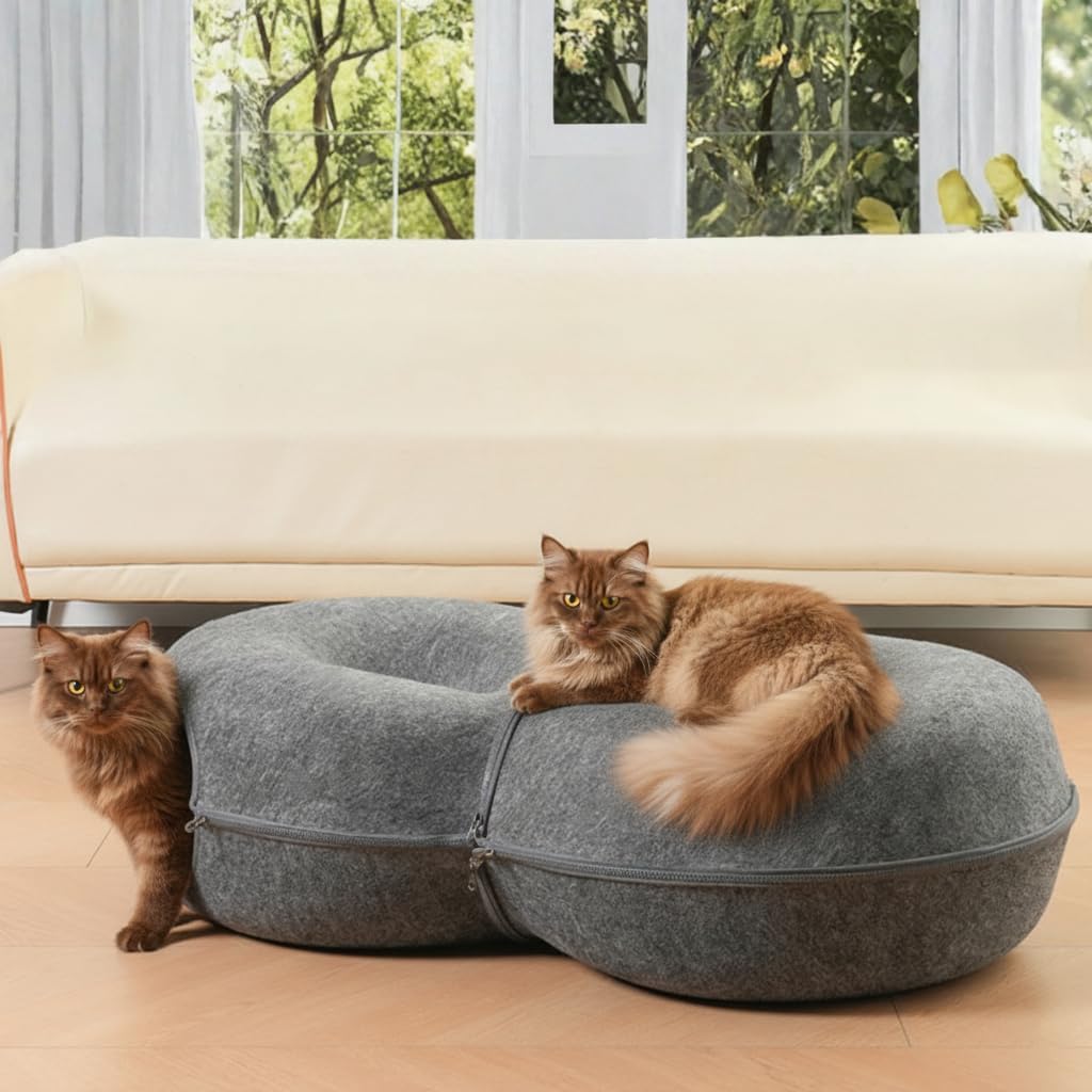 Trivon Peekaboo Cat Cave & Tunnel Bed for Large Cats up to 45lbs, Cozy Indoor 8-Shaped Donut Hideaway Bed with 12 Toy Balls, Bonus Bird Toy and Toy Gun, Scratch-Resistant, Detachable & Washable Design