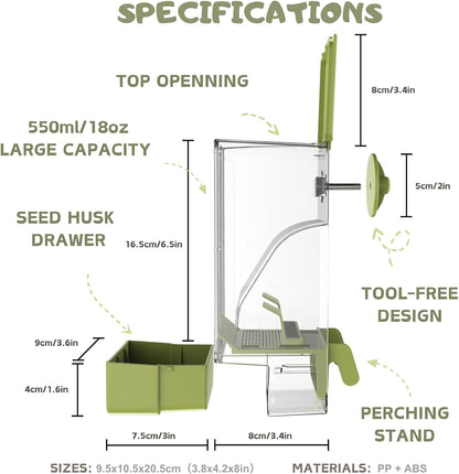 Bird Feeder Water Dispenser Set, Automatic Cage Feeder with Perch for Parakeet Canary Cockatiel Finch Budgie (Green)
