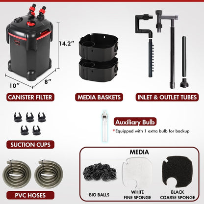 225GPH Canister Filter, External Aquarium Filter Ultra-Quiet Water Circulation Cleaning Machine with Media for Fish Tanks and Aquariums Up to 55 Gallons (225GPH)