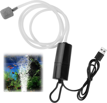 Mini Aquarium Air Pump 1W USB Fish Tank Oxygen Air Pump Portable Ultra Silent Air Aerator Pump for Up to 15Gallon Fish Tank Energy Saving Oxygen Bubbler with Air Stone and Single Outlet Silicone Tube
