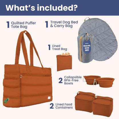 rubyloo Dog Mom Bundle - Puffer Tote with Storage Containers (Rust) and Foldable Travel Bed (Foggy Trail Grey) - Travel Bag and Cozy Mat Set
