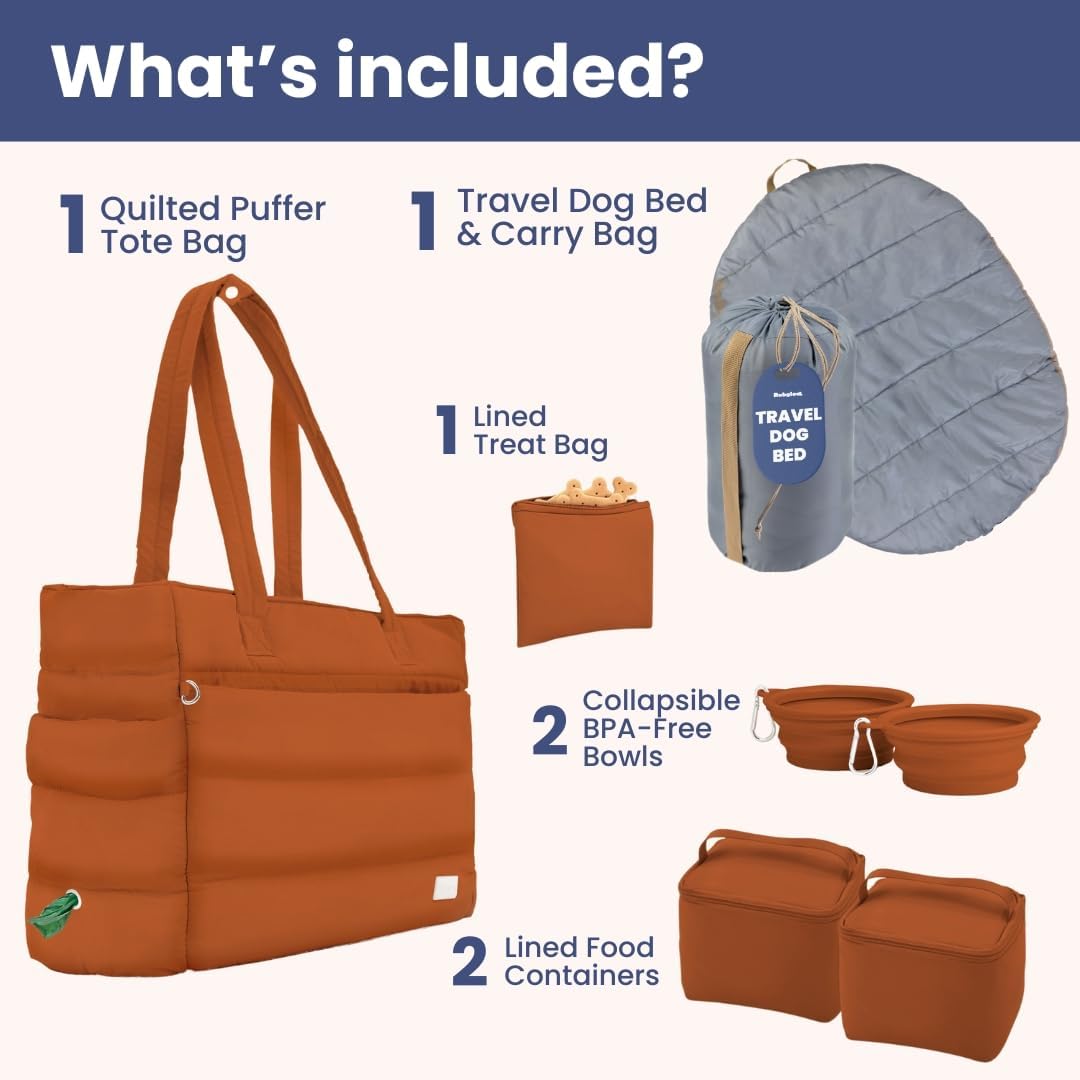 rubyloo Dog Mom Bundle - Puffer Tote with Storage Containers (Rust) and Foldable Travel Bed (Foggy Trail Grey) - Travel Bag and Cozy Mat Set