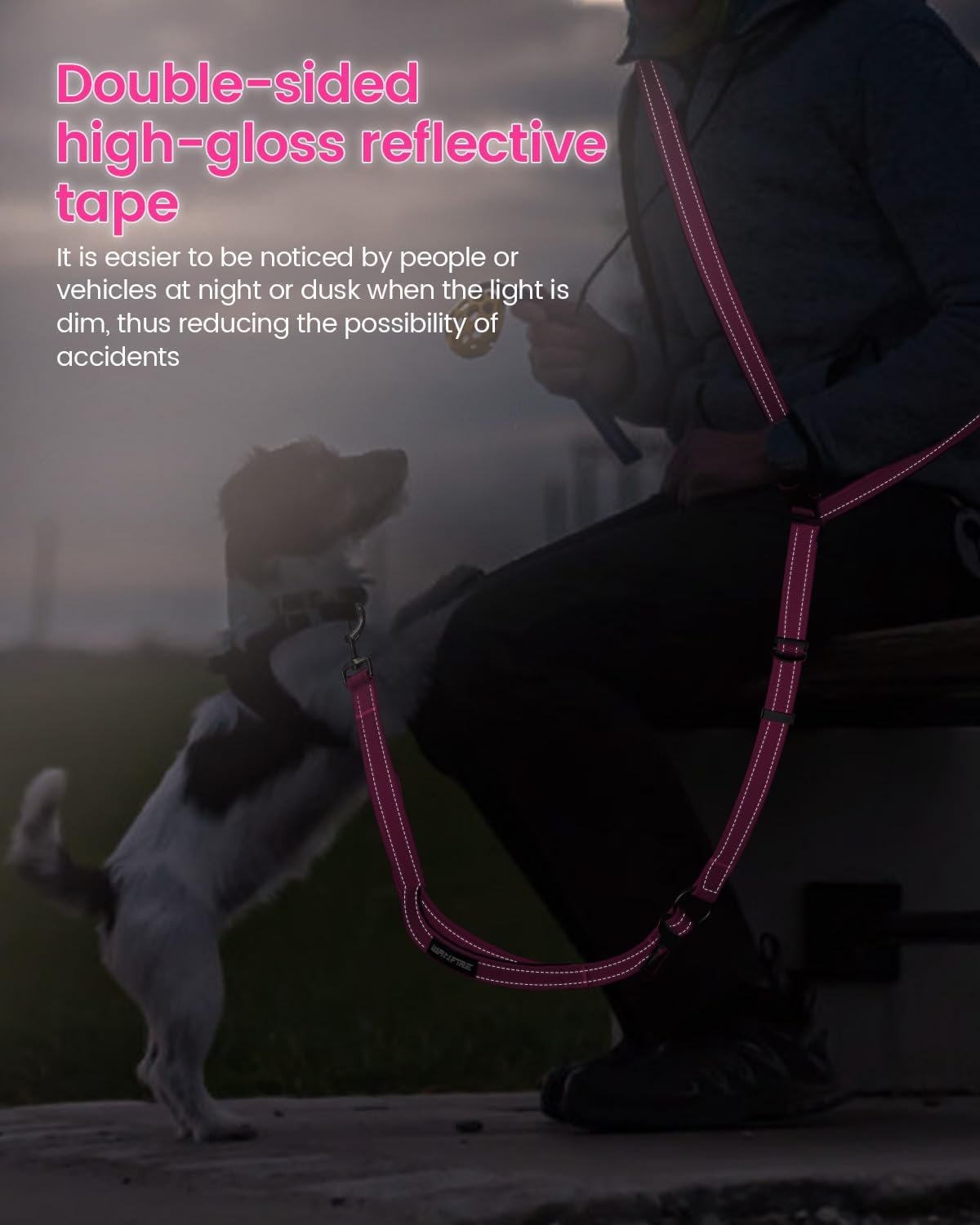 Hands Free Dog Leash & Car Seatbelt, 5.9-9.5ft Crossbody Dog Belt with Dual Soft Handles, Shock-Absorbing, 360° Clip, Reflective Design for Walking, Running, Hiking, Travel. (Rosered)