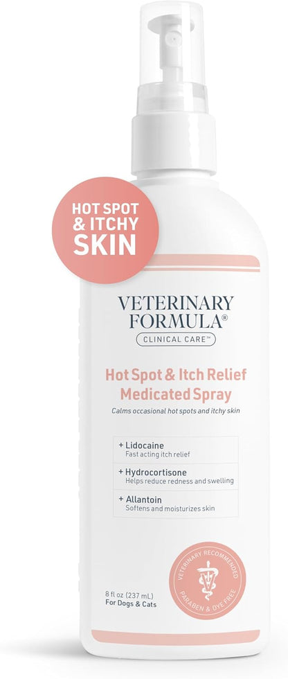 Veterinary Formula Clinical Care Hot Spot & Itch Relief Medicated Spray, 8oz – Easy to Use Spray for Dogs & Cats – Helps Alleviate Sensitive Skin, Scratching, and Licking of Coat (1 Pack)