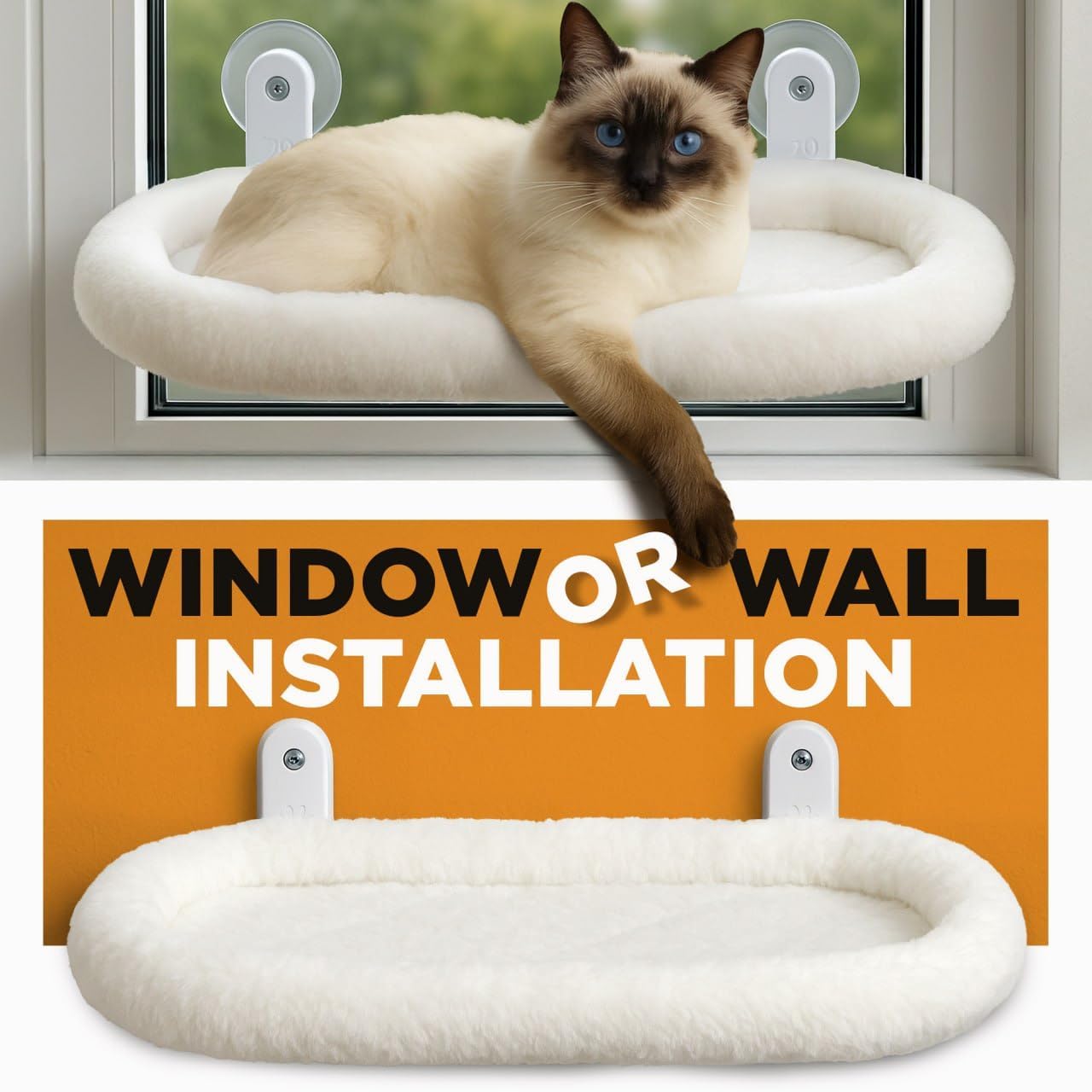 Cat Window Perch – Strong 6 Suction Cup Cat Hammock Bed That Holds up to 50 lbs with Washable Reversible Cover, Sturdy Metal Frame for Indoor, Window or Wall Mounted Perch (White)