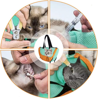 Adjustable Cat Bathing Bag Anti-Bite & Anti-Scratch Bath Washing Mesh Grooming Bag Shoulder Pet Carrier Hands-Free Bag for Small Cats