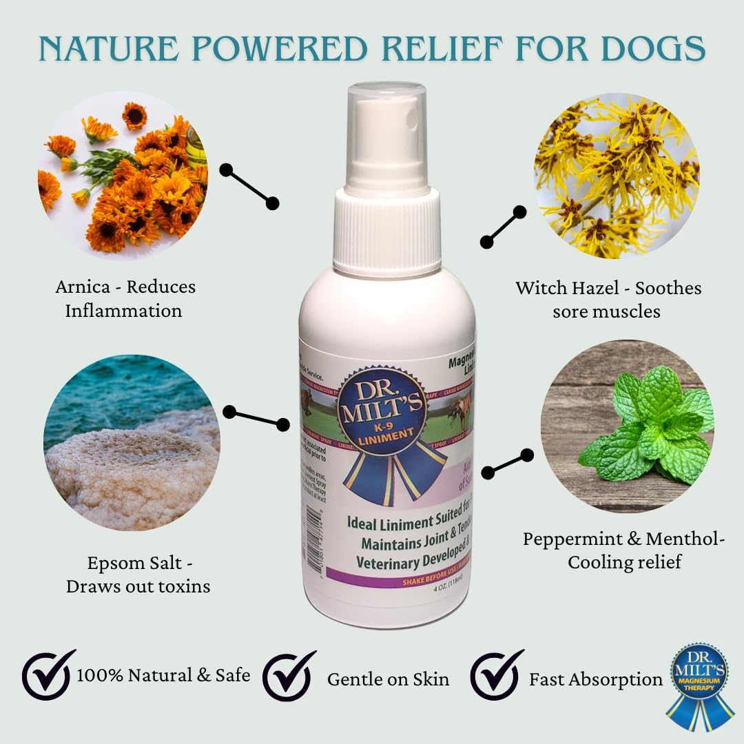Dr. Milt's Dog Hip and Joint Pain Relief Spray, Topical Magnesium Sulfate & Arnica Ointment. Reduces Inflammation, Lessens Tenderness and Alleviates Nervousness. 1-4oz Spray
