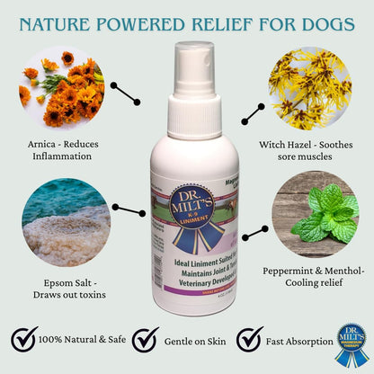 Dr. Milt's Dog Hip and Joint Pain Relief Spray, Topical Magnesium Sulfate & Arnica Ointment. Reduces Inflammation, Lessens Tenderness and Alleviates Nervousness. 1-4oz Spray