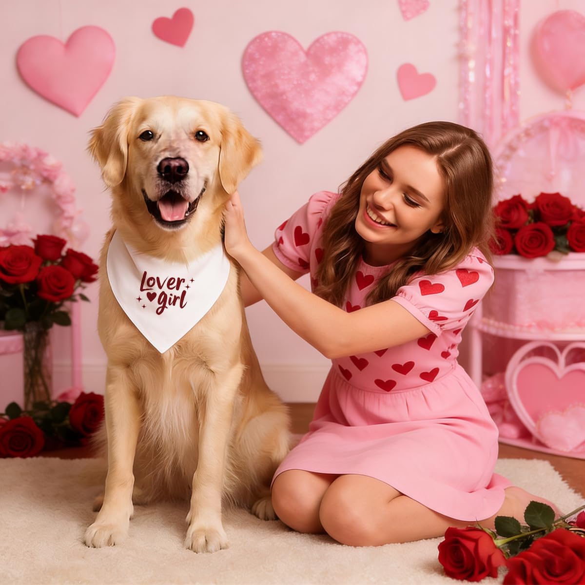 Valentine's Day Dog Bandana, Lover Girl Pet Bandana, Valentine's Day Pet Photoshoot Accessories, Adjustable Triangle Dog Scarf for Small Medium Dogs