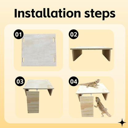 Bearded Dragon Tank Accessories, Assembled Wooden Hideout with Basking Platform and Ramp, Reptile Habitat Accessories for Bearded Dragon, Gecko, Snake, Skink and Other Small Animals
