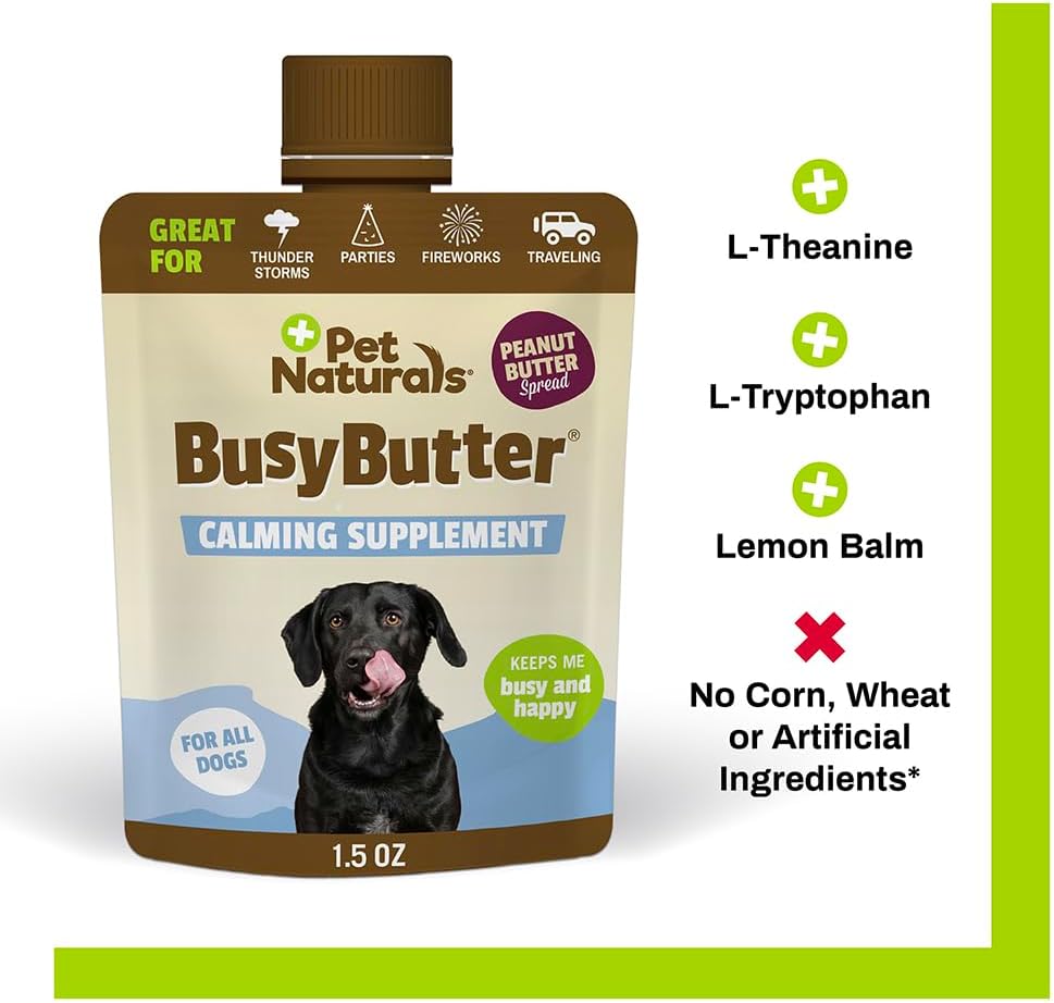 Pet Naturals BusyButter Easy Squeeze Calming Peanut Butter for Dogs, 6 Pouches - Great for Treats, Lick Mats, Training, Calming, and Occupier Toys