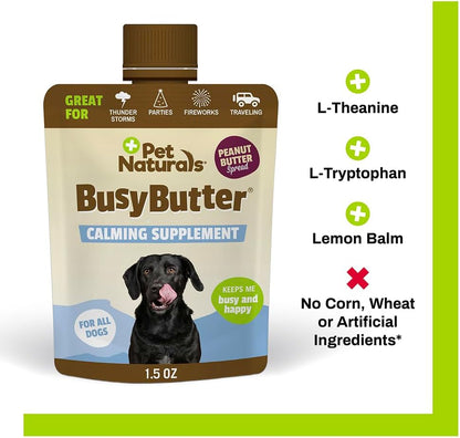Pet Naturals BusyButter Easy Squeeze Calming Peanut Butter for Dogs, 6 Pouches - Great for Treats, Lick Mats, Training, Calming, and Occupier Toys