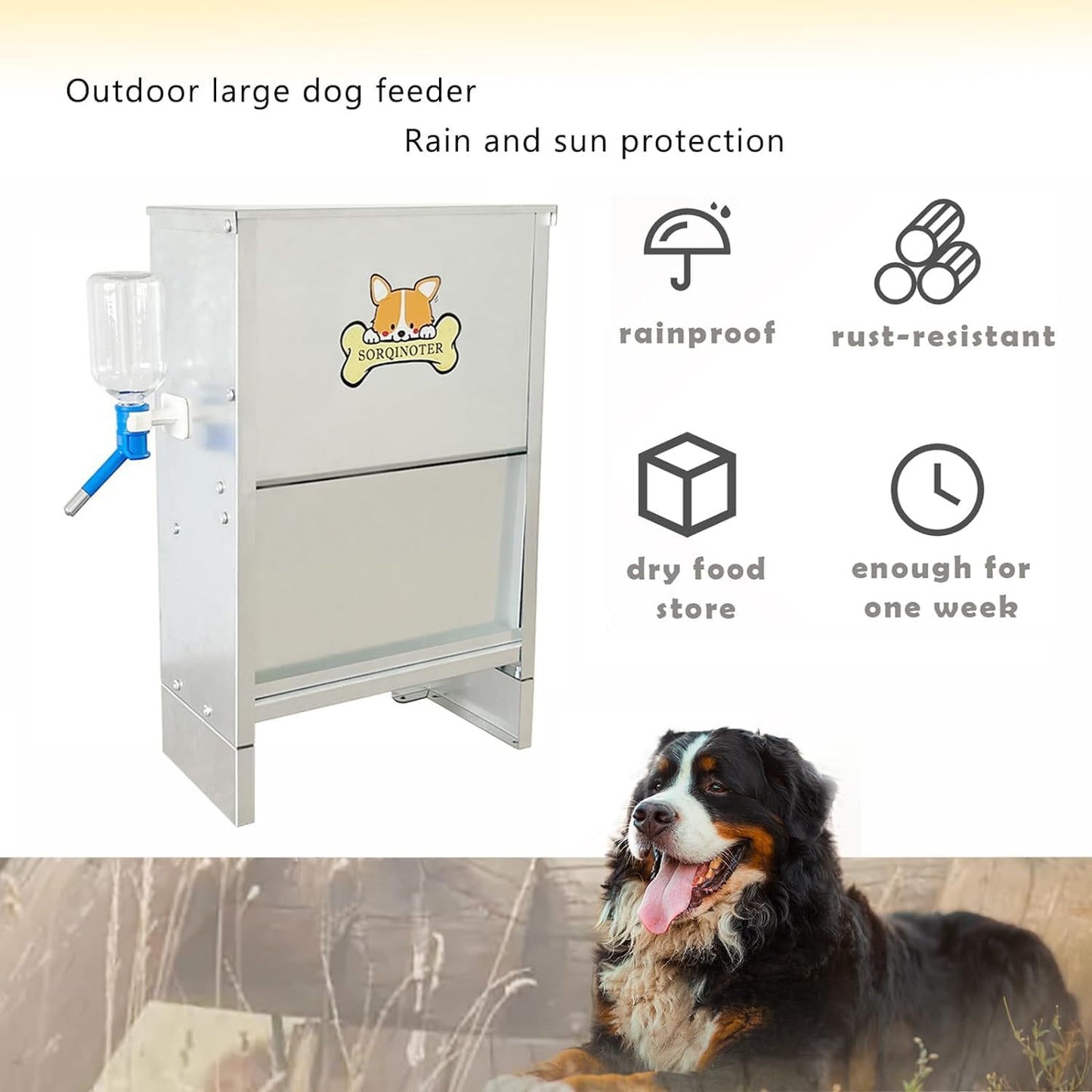 Outdoor Dog Feeder - Holds 40 lbs Food and 500 ml Water - Galvanized Steel Plate for Rain and Sun Protection - Latest Style Auto Large Dog Feeder - Big Dogs can Easily Eat