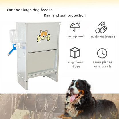 Outdoor Dog Feeder - Holds 40 lbs Food and 500 ml Water - Galvanized Steel Plate for Rain and Sun Protection - Latest Style Auto Large Dog Feeder - Big Dogs can Easily Eat
