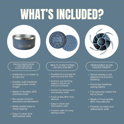 Slow Feeder Dog Bowl with Premium Lick Mat Lid | Heavy Duty Stainless Steel Dog Bowls | Silicone Slow Feeder Insert | Non-Slip & Durable | 64 oz | Medium to XL Dogs (Steel Gray)