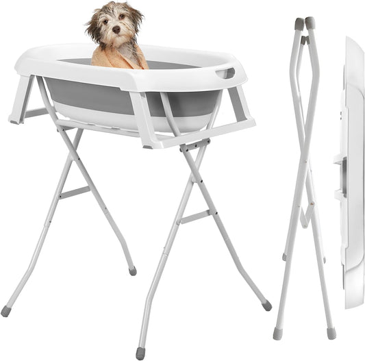 2 in 1 Pet Bathtub, Foldable Stand Dog Bath Tub, Portable Pet Wash Station Detachable Plastic Tub, Drainage Hole Long Pipe, Storage Rack, Indoor Outdoor, Pets Under 33lbs (Grey)