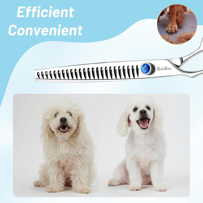 7.5in 25° Curved & Chunker Professional Dog Grooming Scissors Set, 24 Teeth Thinning Shears for Dog Grooming, VG10 Steel Sharp, Pet Trimming Shears for Dogs Cats Groomer, Ergonomic with CNC Screw