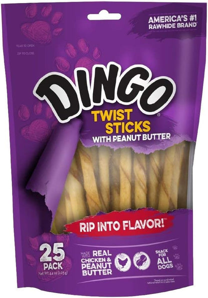 Dingo Twist Sticks with Peanut Butter; Rawhide Treats for Small, Medium, and Large Dogs 25-Count