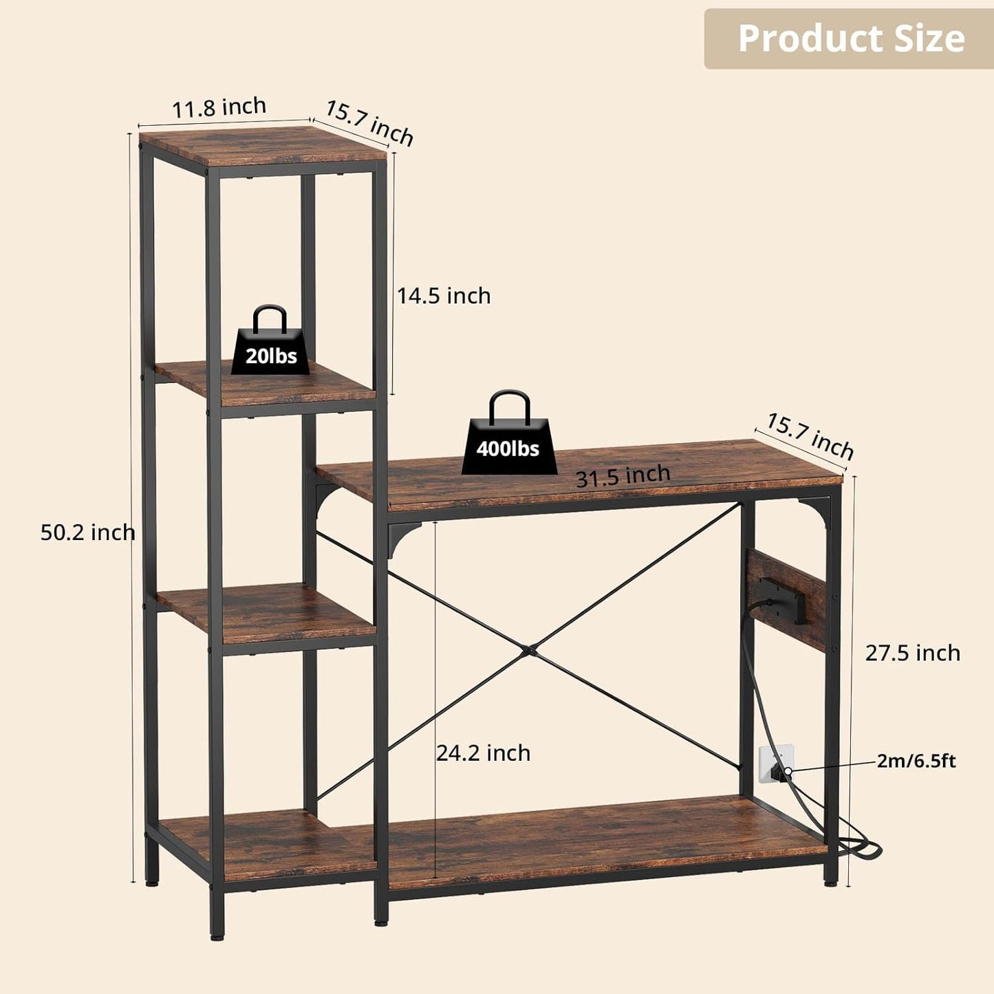 VOWNER 20-29 Gallon Fish Tank Stand with Power Outlet, Wood Aquarium Stand with Shelves for Fish Tank Accessories Storage, Heavy Duty Metal Frame, Turtle Reptile Terrarium Stand, Load 500lb, Brown