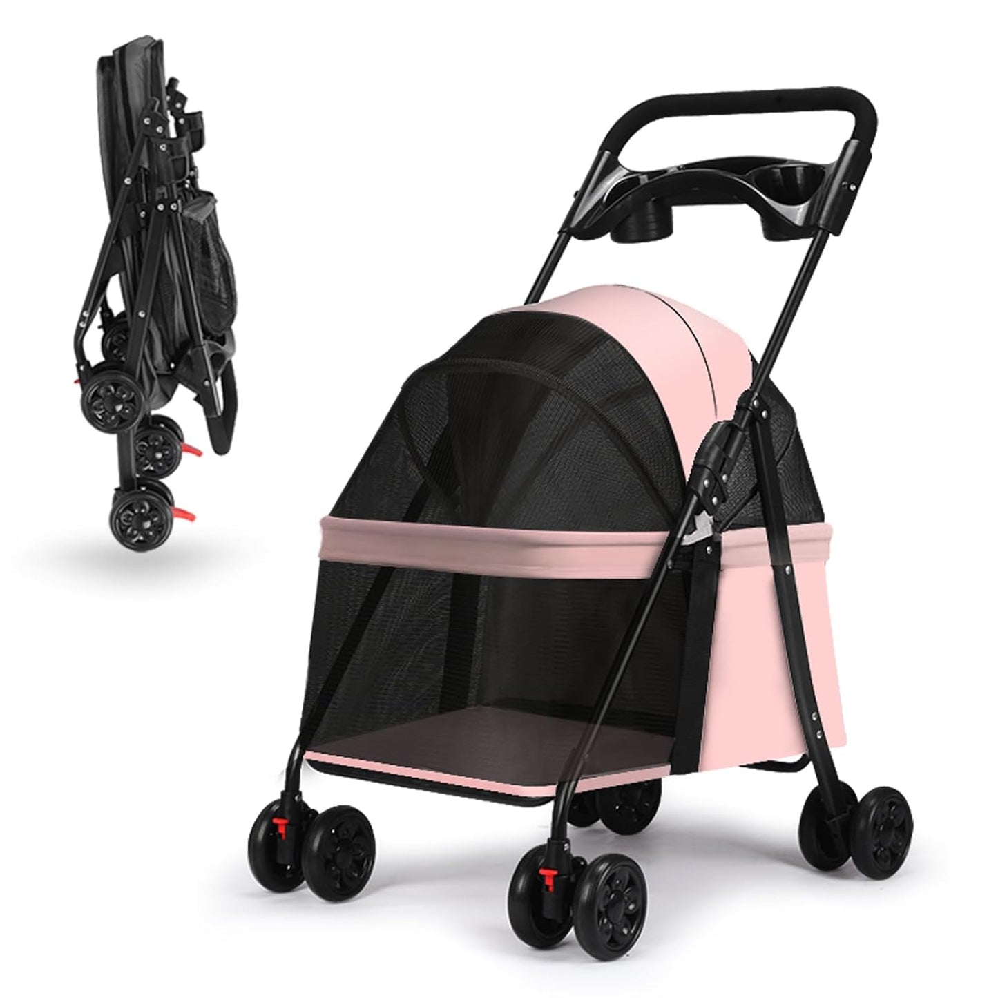4-Wheel Pet Stroller for Small Medium Dogs with Removable & Detachable Carrier, Foldable Waterproof Dog Stroller with Breathable Mesh, Cup Holder, Storage Basket & Safety Leash (Pink)