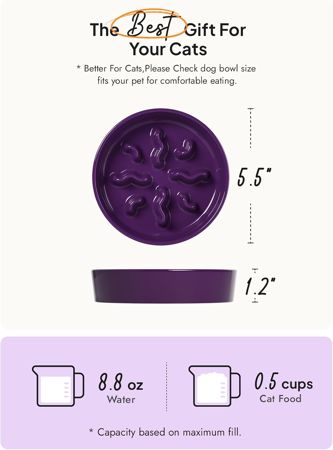 Ceramic Slow Feeder Dog Bowls Small Breed, 0.5 Cups Dog Food Dish for Fast Eaters, Puzzle Bowl for Small Dogs and Cats, 5.5 Inch-Purple