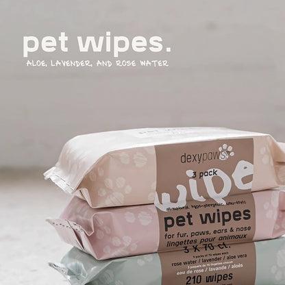 Pet Cleansing Wipes - 3 Packs (70ct Each) - Aloe-Lavender-Rose Water - Wet Wipes for Dogs & Cats, Fur-Paws-Face, Natural Pet Safe Grooming