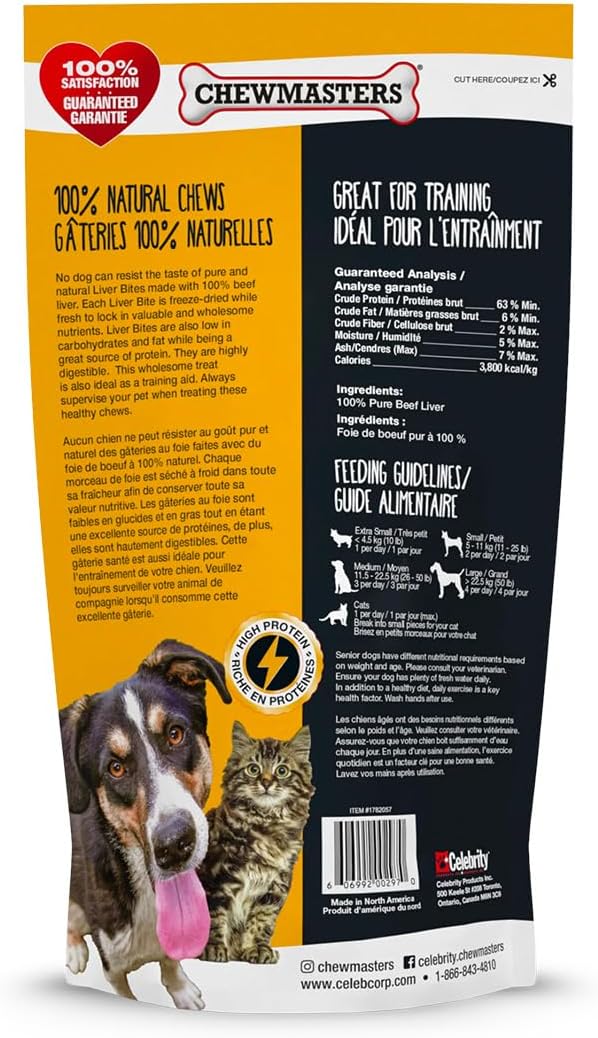 Chewmasters 100% Pure Beef Liver Bites - Healthy Freeze Dried Liver Treats for Dogs of All Life Stages - High Protein Dog Training Treats, Grain Free, All Natural, Zero Additives - Made in USA, 17.6oz