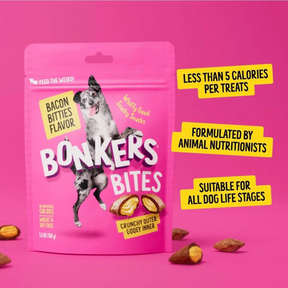 Bundle - Bonkers Bacon Bitties Flavored Dog Treats with Crunchy Outer Shell, Gooey Center, 1-5.3 oz Bag with Bonus Bone Waste Bag Dispenser & Free Roll!