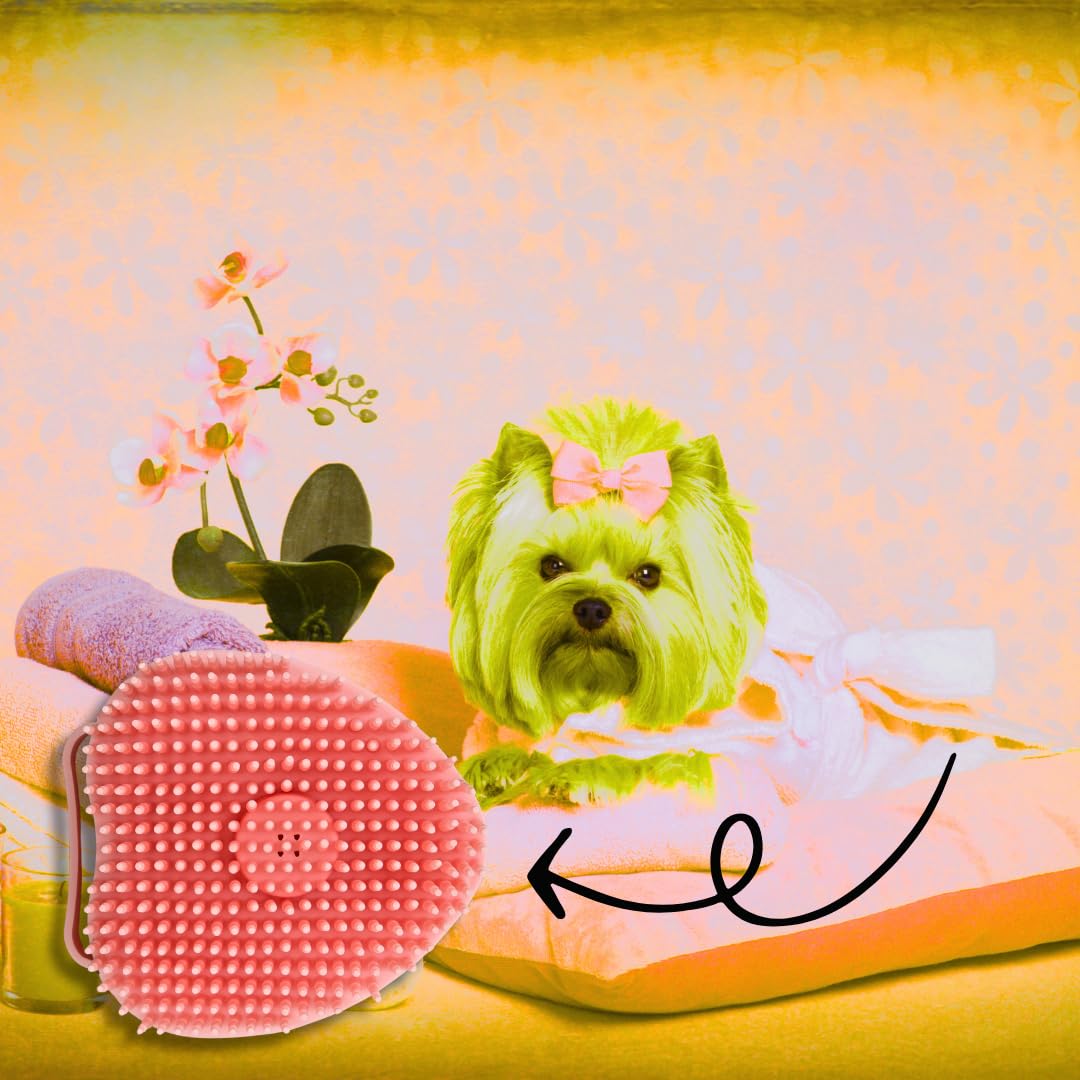 Dog & Cat Bath Brush with Built-In Shampoo Dispenser - 2-in-1 Silicone Pet Grooming Massage Brush for Anxiety Relief & Deep Cleaning - Luxury Spa Treatment (Pink)