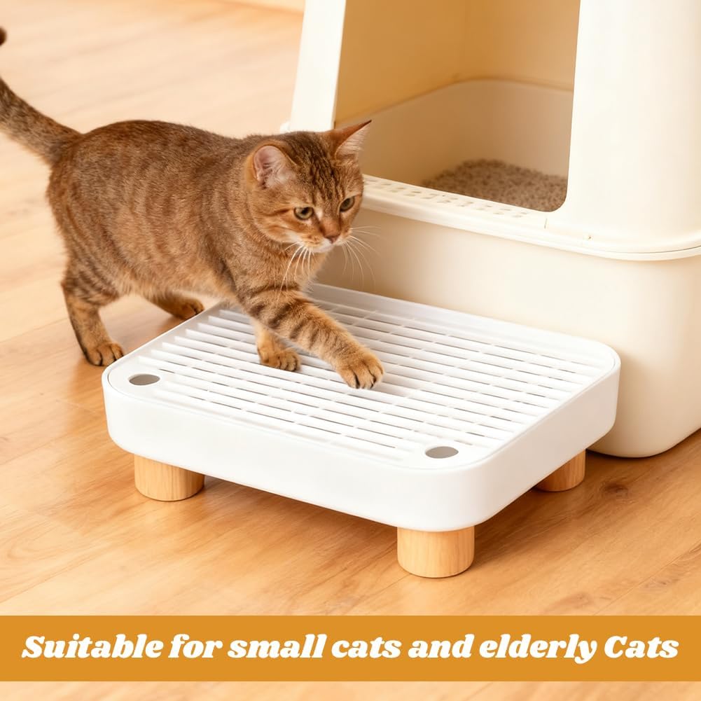 Cat Litter Box Ramp,Litter Box Step Mat with Filt er Function,Wooden Base No n-Slip Cat Ramp Reduces Tracking,for Automatic Litters Boxes,Kittens & Senior Cats (30 * 20.7 * 9cm,Color:White)