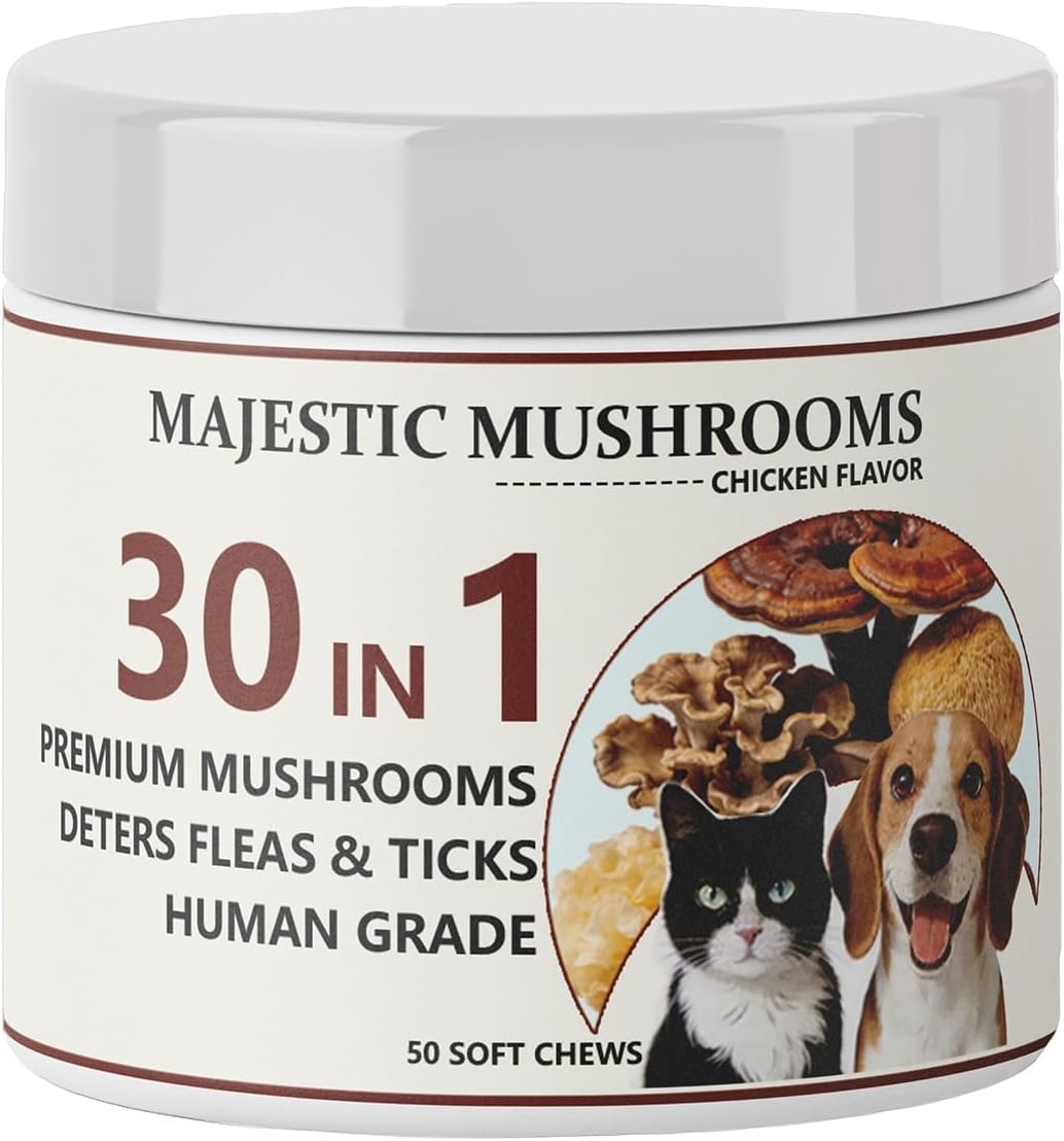 Majestic Mushrooms 30-in-1 Pet Soft Chews – Organic Mushroom Blend with Fish Oil & Coconut Oil, Chicken Flavor, Daily Wellness Treats for Dogs & Cats (50 Chews) (1pc)