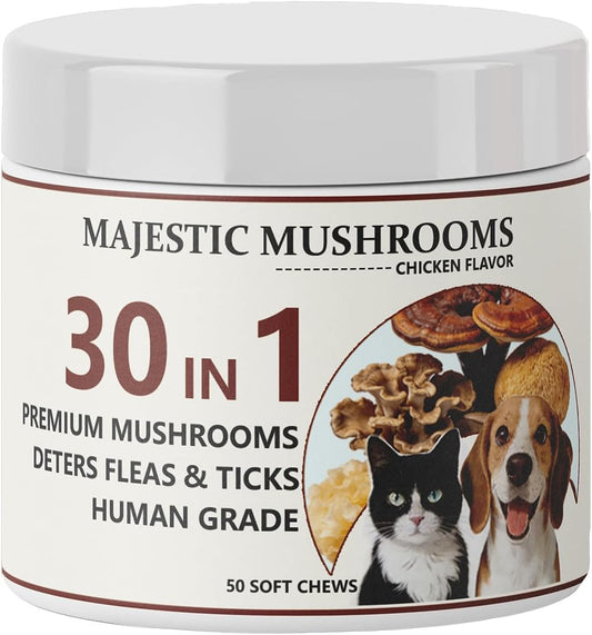 Majestic Mushrooms 30-in-1 Pet Soft Chews – Organic Mushroom Blend with Fish Oil & Coconut Oil, Chicken Flavor, Daily Wellness Treats for Dogs & Cats (50 Chews) (1pc)