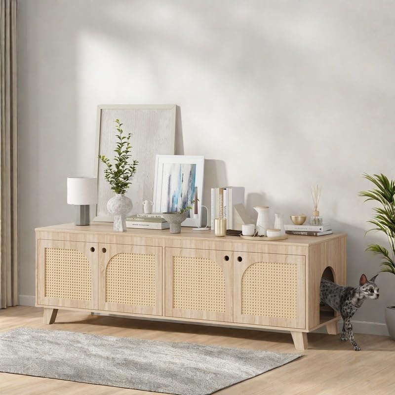 FONTOI Rattan Cat Litter Box Enclosure with Decorated Doors, Wooden Pet Washroom with Two Entrances, Double Hidden Litter House with Non-Slip Feet, Enclosure Furniture Cabinet for Two Cats