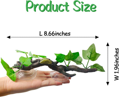 Fhiny 2 PCS Reptile Corner Branch, Resin Climb Tree Branch Decor with Leaves Tank Accessories Terrarium Plant Ornament with Suction Cup for Snake Lizard Bearded Dragons Gecko Climbing
