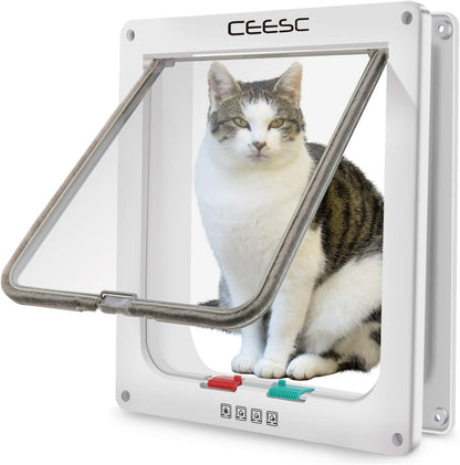CEESC Extra Large Cat Door (Outer Size 11"x9.8"), Weatherproof, White, ABS Material, 4-Way Locking Flap for Cats & Dogs up to 25.54 lbs