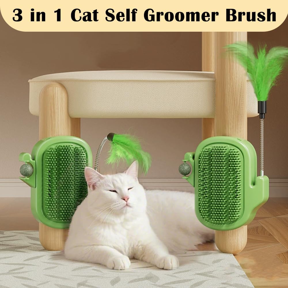 3 in 1 Cat Self Groomer Brush, Cactus Style Wall Corner Massage Comb Scratcher with Feather Toys & Catnip Ball for Indoor Cats, Pet Tickling Artifact, Cat Face Scratchers for Fur Pets